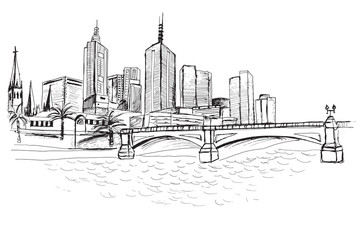 Panorama miasta Melbourne. Rysunek ręcznie rysowany na białym tle. 