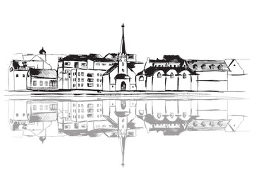 Panorama miasta Reykjavik. Rysunek ręcznie rysowany na białym tle. 