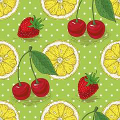 Fototapety  Seamless Pattern with Strawberry, Cherry and Lemon Slices