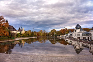 Fototapeta premium the view from the bridge on the lake, city park Varosliget and vajdahunyad castle. Budapest, Hungary