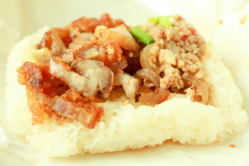 Sticky rice with Spicy minced pork and Fried pork crackling.