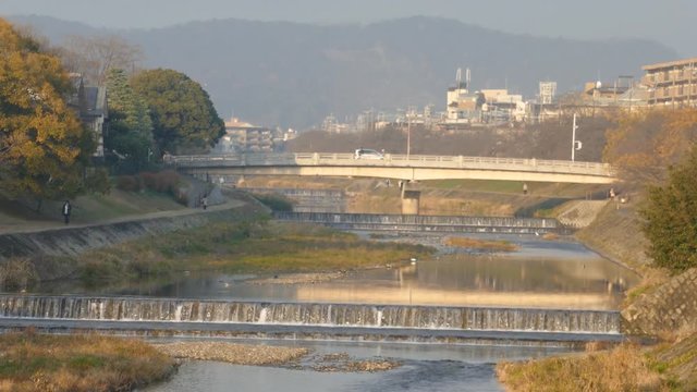 4K Video of Bridge, river at Mikage Dori, Kyoto, Japan