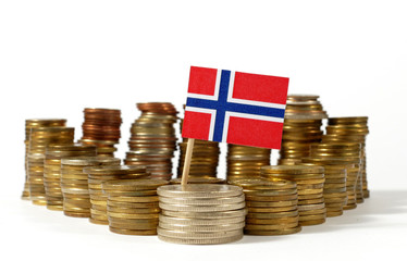 Norway flag waving with stack of money coins