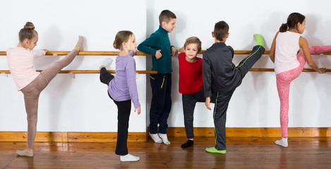 Fototapeta na wymiar Group of children practicing at the ballet barre