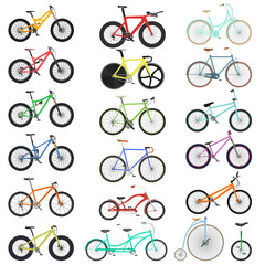 A set of different bikes for different riding styles in flat style. From classic and unicycle bike, to modern bike for downhill and triathlon.