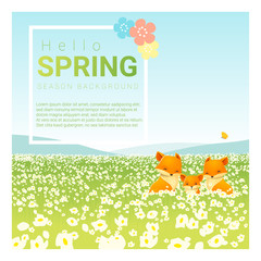 Hello spring landscape background with fox family , vector , illustration