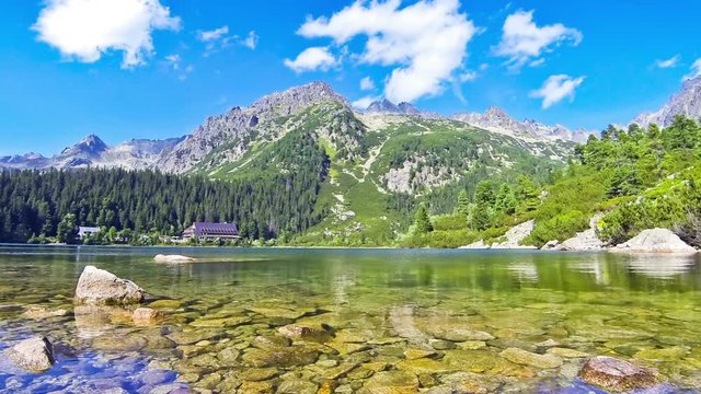 Picturesque summer view of Lake Popradske pleso in High Tatras, Slovakia. Time Lapse