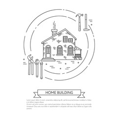 House remodel horizontal banner with building tools Line art