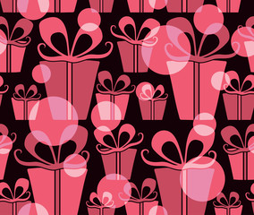 Seamless pattern gift boxes with pink bows on dark background.