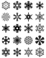 Set of different black snowflakes on a white background