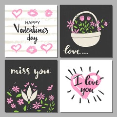 Valentines day set cards. Calligraphy, lettering and hand drawn design elements.