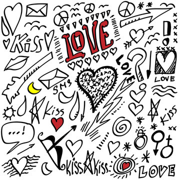 set grunge hearts, Valentine day, icon