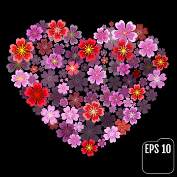 Valentines Day Heart Made of Red and pink Primroses Isolated on
