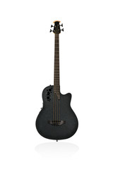 Fototapeta na wymiar Beautiful black plastic electric guitar bass of the original form isolated on white background