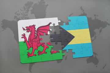 puzzle with the national flag of wales and bahamas on a world map