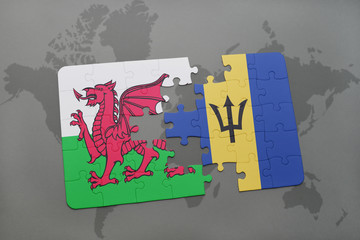 puzzle with the national flag of wales and barbados on a world map