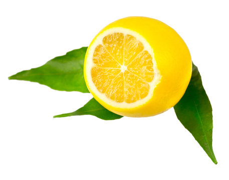 sliced lemon with leaves isolated on white background