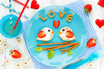 Love birds pancakes - romantic breakfast on Valentines Day