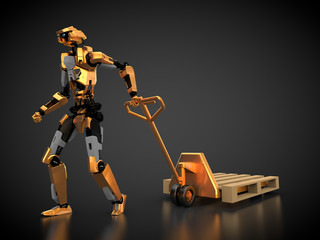 humanoider Roboter zieht Palette mit Hubwagen