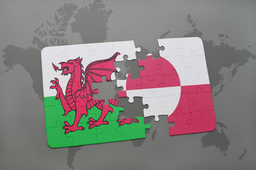 puzzle with the national flag of wales and greenland on a world map