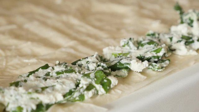 Filo pie with cheese and spinach close-up slow pan 4K 2160p 30fps UHD footage - Manual filling mixture spreading inside phyllo thin sheets of dough 3840X2160 UltraHD video