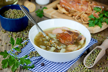 Mung bean soup with vegetables smoked pork ribs and sausages