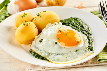 Fried egg with creamed spinach and potatoes