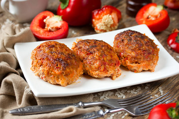 Lazy meat zrazy or cutlets with rice and red pepper