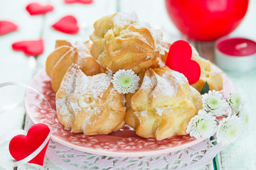 Cake eclair for dessert on Valentines Day