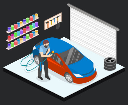 Isometric flat 3D isolated concept vector auto service garage