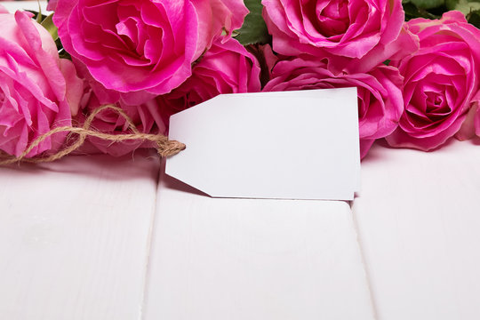 Beautiful pink roses and empty paper tag