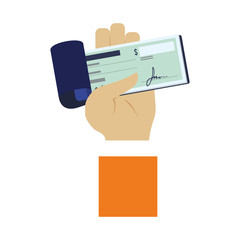 hand holding a checkbook icon over white background. colorful design. mobile payment concept. vector illustration