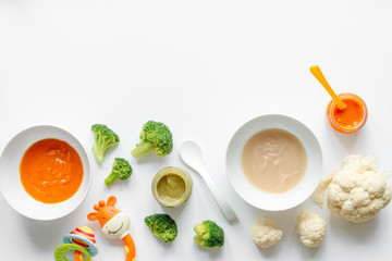 cooking vegetable puree for baby on white background top view