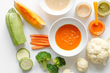 cooking vegetable puree for baby on white background top view