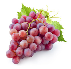 Ripe red grape. Pink bunch with leaves isolated on white. With c