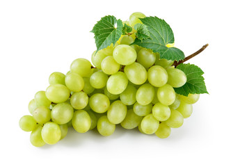 Green grape with leaves isolated on white. With clipping path. F - obrazy, fototapety, plakaty