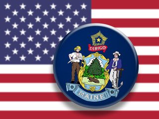 US State Button: Maine Flag Badge, 3d illustration on blurred USA flag