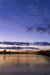 View from harbour at sunset, Bratislava castle, business buildin