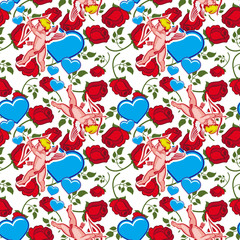Seamless pattern with Cupid, hearts and roses. Valentine Day background. Vector 
