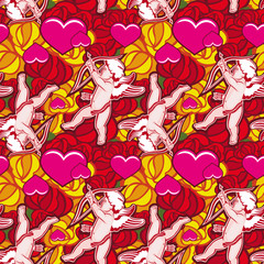 Obraz na płótnie Canvas Seamless pattern with Cupid, hearts and roses. Valentine Day background. Vector 