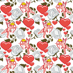 Seamless pattern with Cupid, hearts and roses. Valentine Day background. Vector 