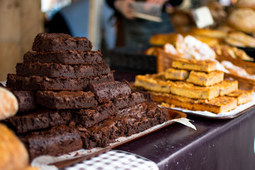 Delicious, freshly baked slices and brownies arranged on a counter top