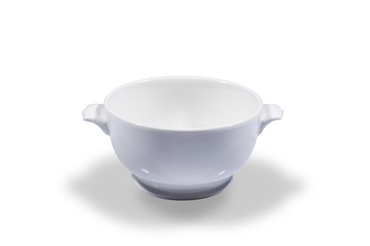 Small White Deep Bowl With Handles On White Background From Side