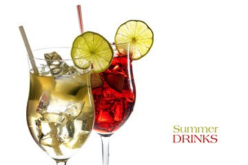 Red and yellow cocktail, mixed summer drinks from juice of lime and berries with ice, may be alcohol, isolated on white