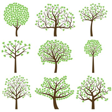 Valentine's Day Tree Silhouettes with Heart Shaped Leaves - Vector Format