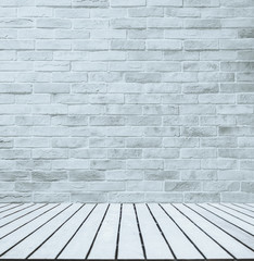 Room interior with white brick wall and wooden floor painted in white