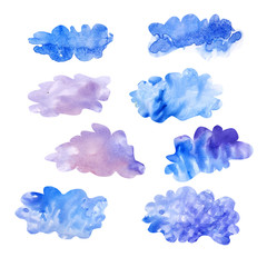 watercolor paint dab isolated on white background. Watercolour blue clouds. Abstract free designs clip art background. Paint splashes with color mixture overflow on white paper for web and print