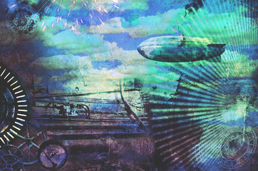 Vintage steampunk design background with clouds, airship, clocks, fireworks and steam engine elements. Grunge textured digital photo illustration. Blue tones.