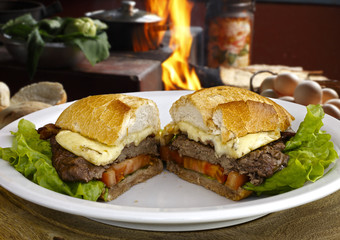 Meat sandwich with tomato and cheese
