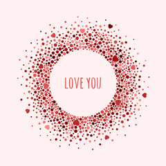 Round dotted frame with space for text. Frame spots and hearts of various size. Vector Valentine's day abstract background.